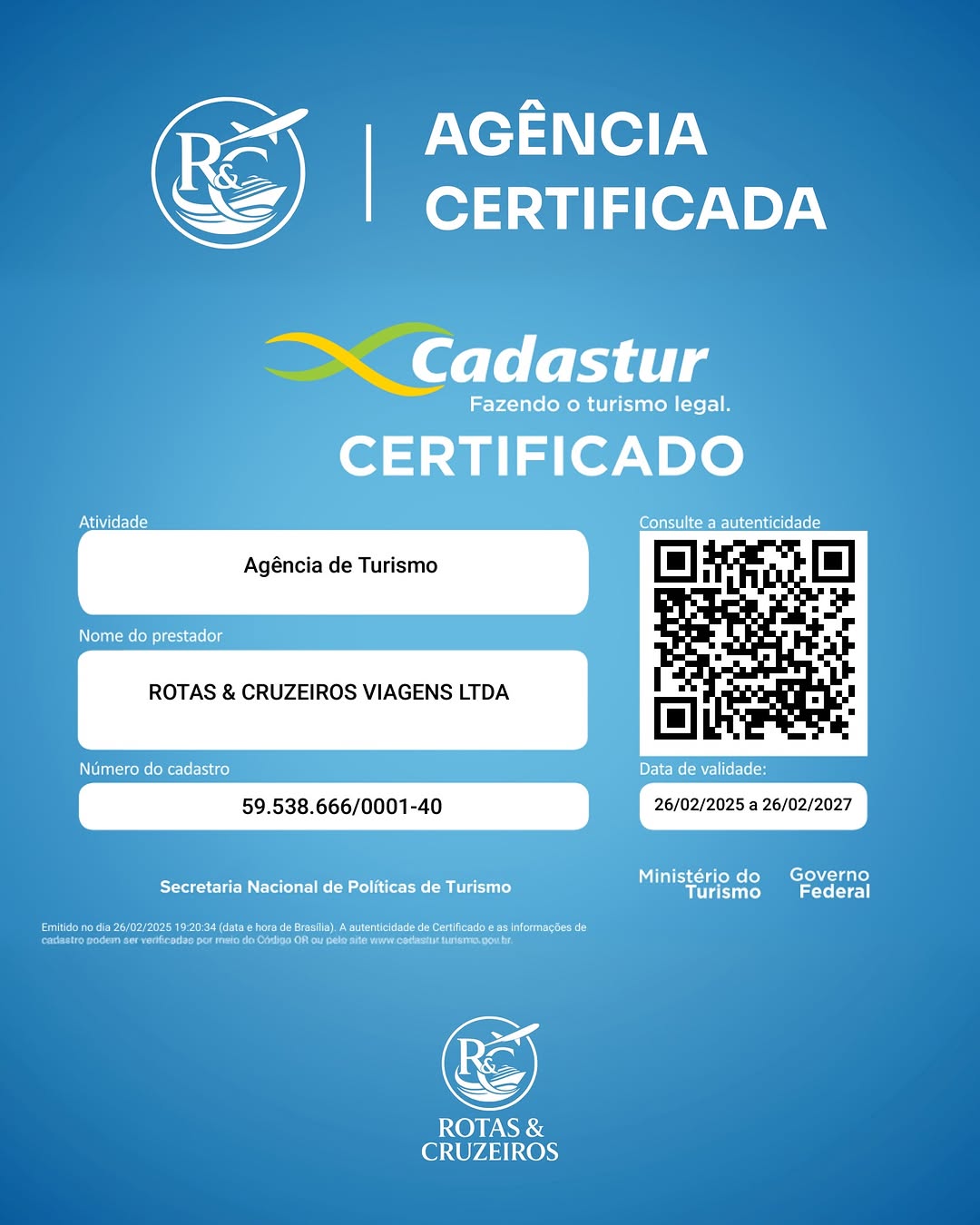 ROTAS & CRUZEIROS: agência certificada pelo Cadastur